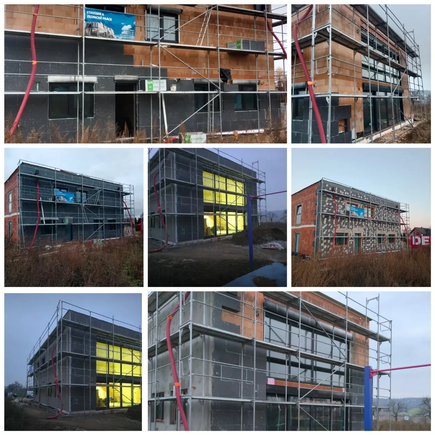 Zateplení fasády bytového domu – průběh prací na lešení, pokládka izolace