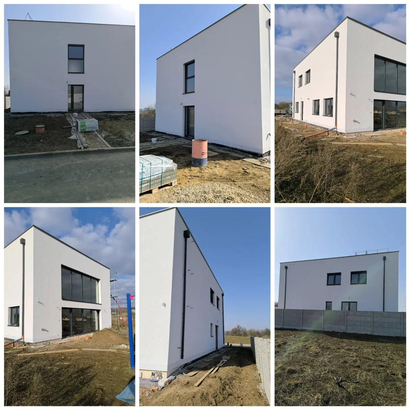 Zateplení fasády novostavby rodinného domu – bílá moderní silikonová omítka